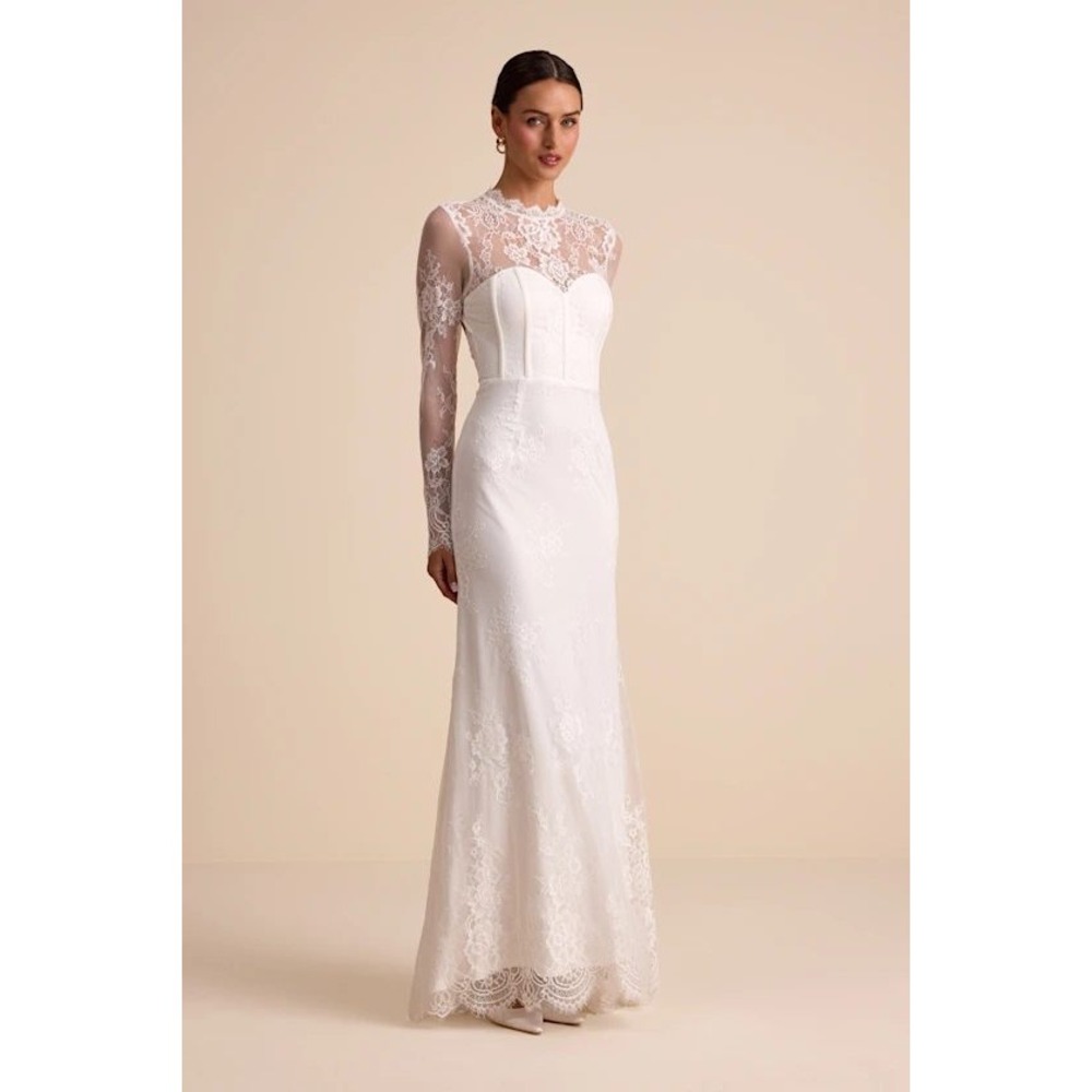 NWT FLAW Laveau White Lace Bustier Backless Mermaid Maxi Dress Wedding White SM